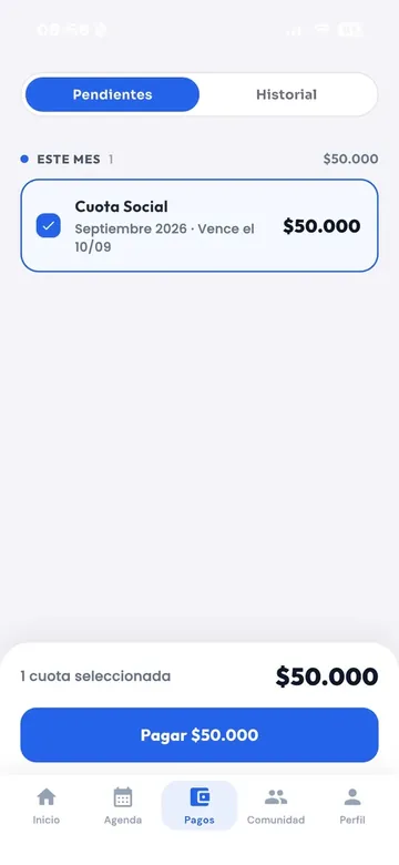 App de Clubin: pantalla para pagar la cuota con Mercado Pago